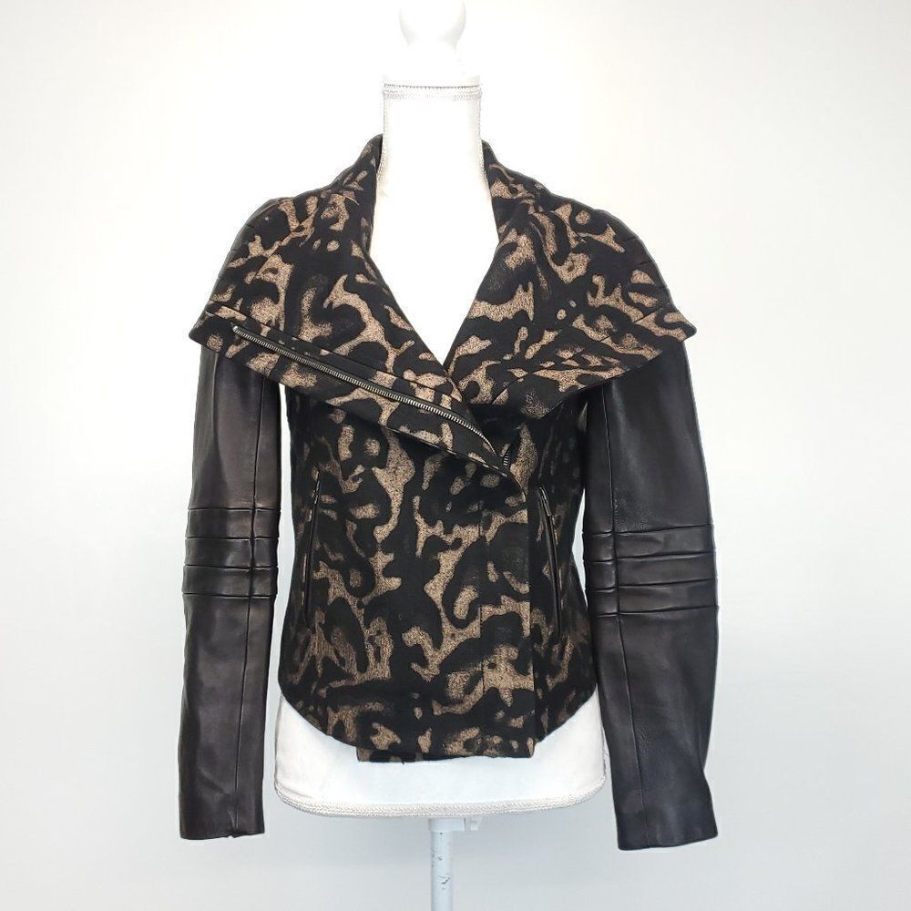 Diane Von Furstenberg DVF Marvela Animal Print Wool Lamb Leather Moto Jacket
